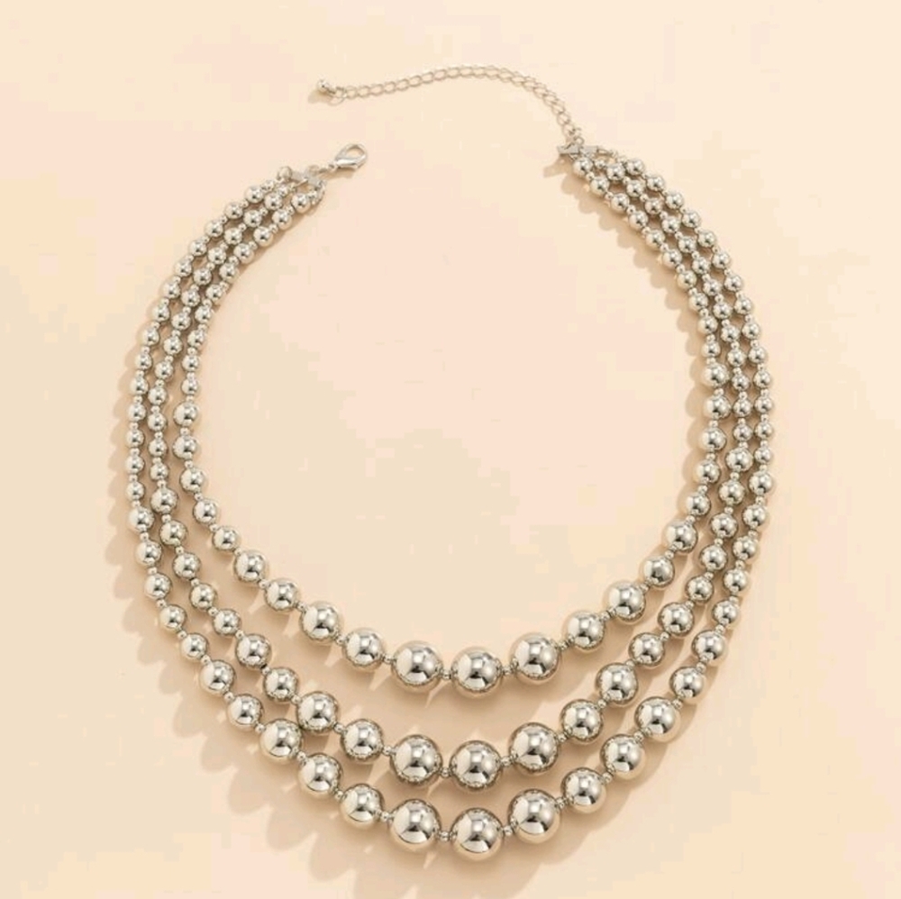 Triple Strand Silver Beaded Necklace